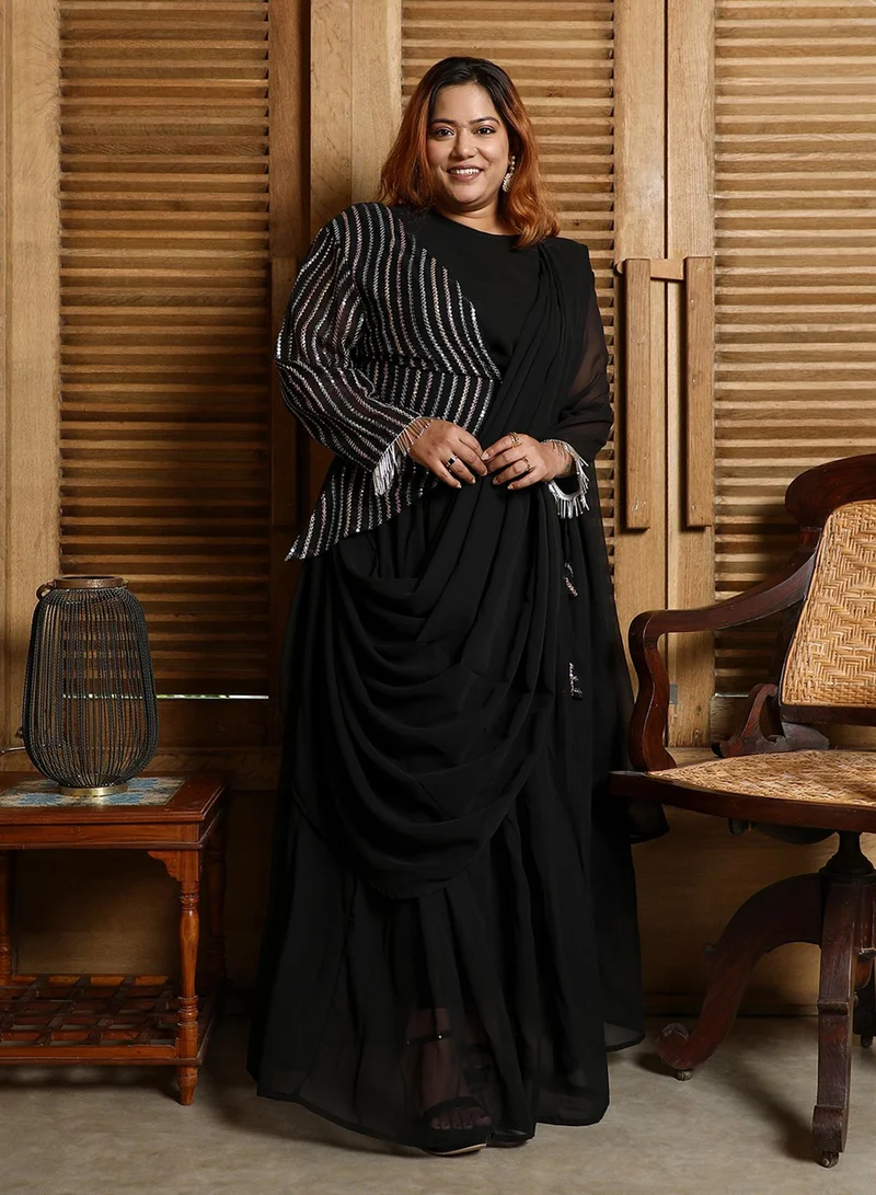 Instafab Plus Women's Midnight Black Embellished Lined Pre-Draped Saree