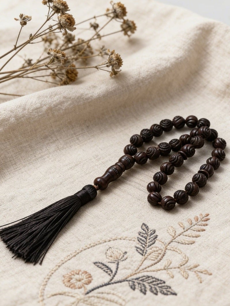 Nariele 33 Beads Dark Brown Carved Solid Wood Islamic Tasbih Prayer Beads, Vintage Embossed Oval Wooden Muslim Rosary with Matching Long Black Tassel for Salah Dhikr - Image 1