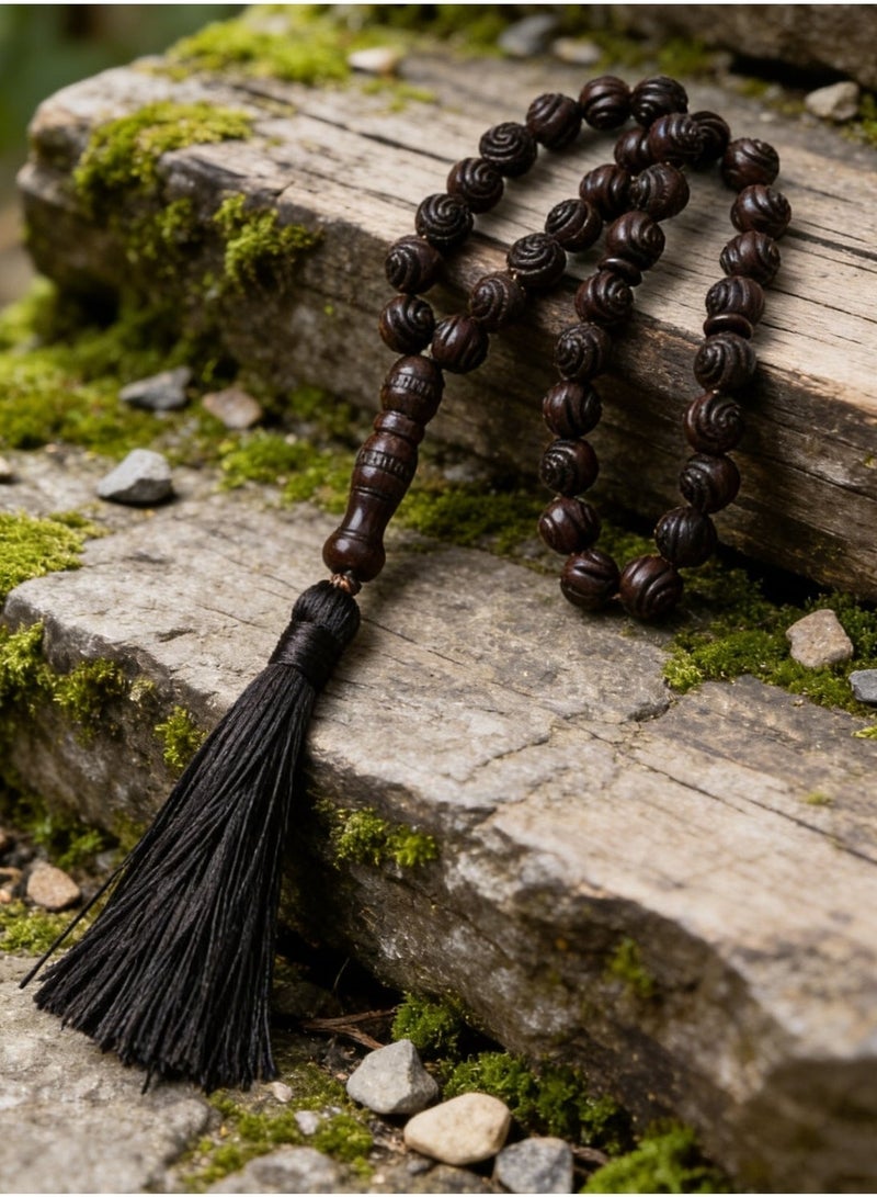 Nariele 33 Beads Dark Brown Carved Solid Wood Islamic Tasbih Prayer Beads, Vintage Embossed Oval Wooden Muslim Rosary with Matching Long Black Tassel for Salah Dhikr - Image 2