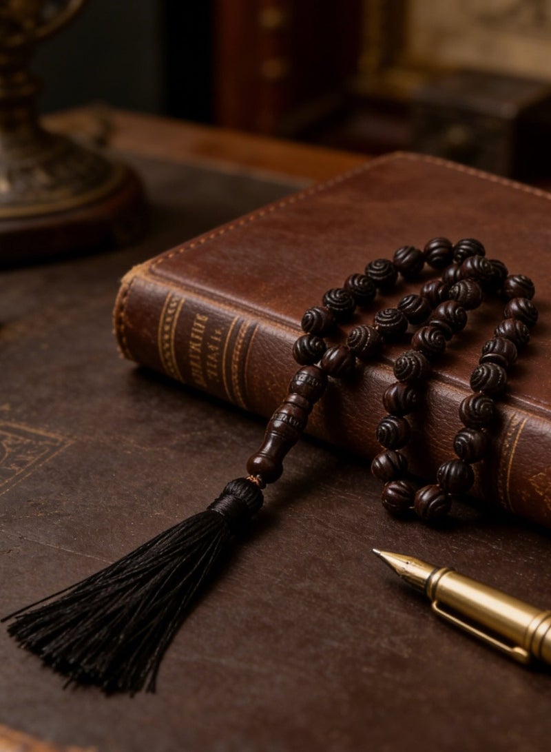 Nariele 33 Beads Dark Brown Carved Solid Wood Islamic Tasbih Prayer Beads, Vintage Embossed Oval Wooden Muslim Rosary with Matching Long Black Tassel for Salah Dhikr - Image 3