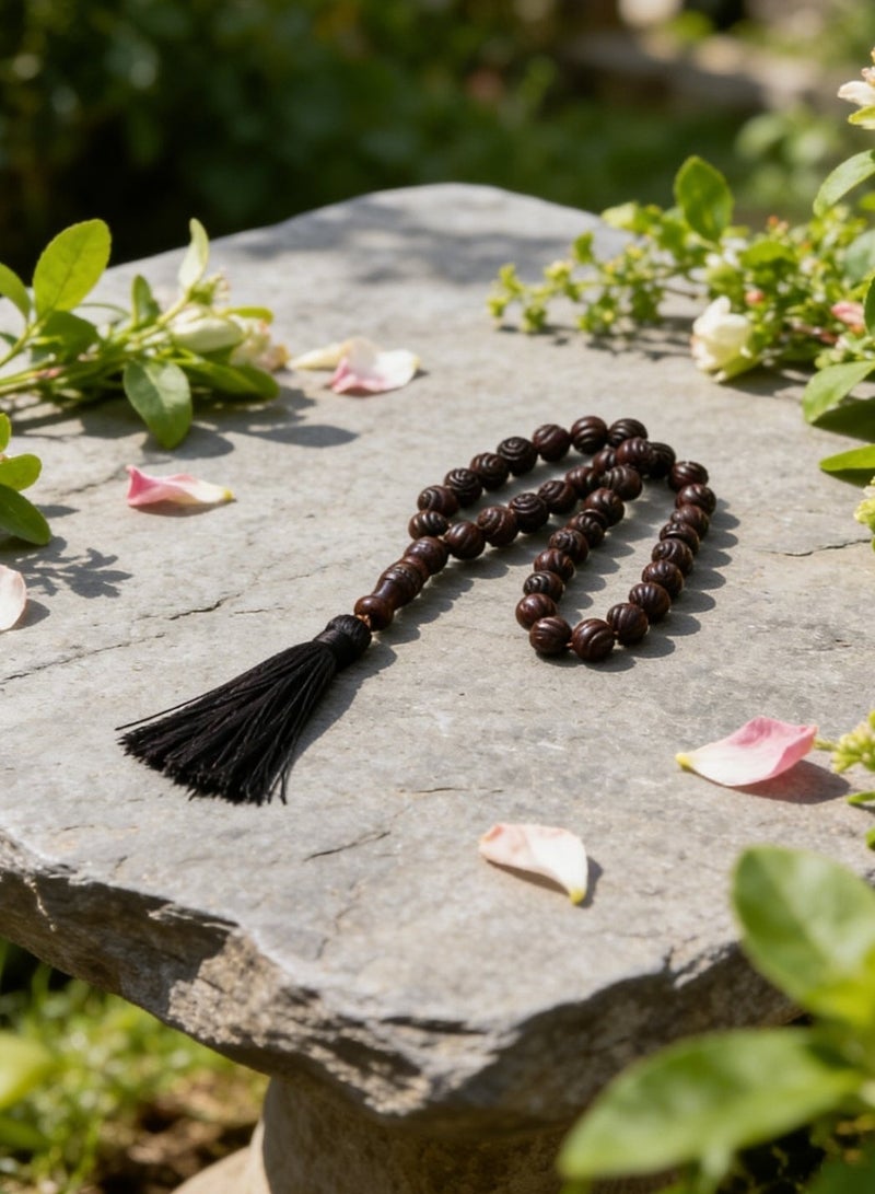 Nariele 33 Beads Dark Brown Carved Solid Wood Islamic Tasbih Prayer Beads, Vintage Embossed Oval Wooden Muslim Rosary with Matching Long Black Tassel for Salah Dhikr - Image 4