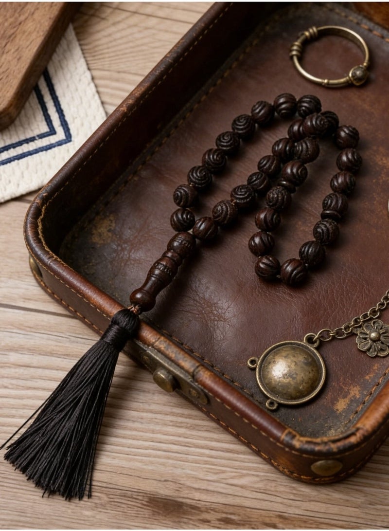 Nariele 33 Beads Dark Brown Carved Solid Wood Islamic Tasbih Prayer Beads, Vintage Embossed Oval Wooden Muslim Rosary with Matching Long Black Tassel for Salah Dhikr - Image 5