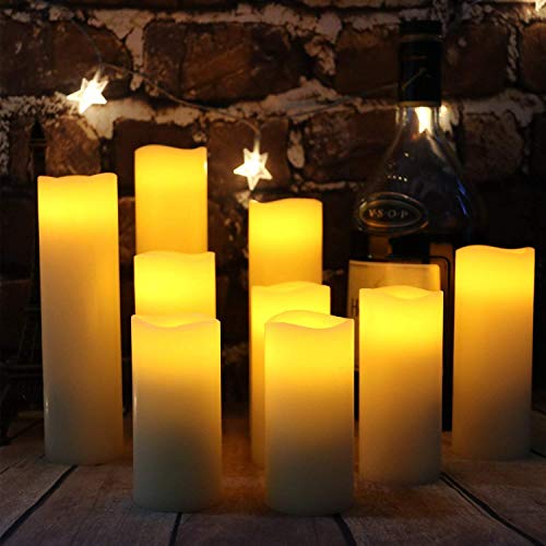 Hanzim Flameless Flickering Battery Operated Candles D2.2''*H4 5" 6" 7" 8" 9" Set of 9 Ivory Real Wax Pillar LED Candles with 10-Key Remote and Cycling 24 Hours Timer (Ivory) - Image 5