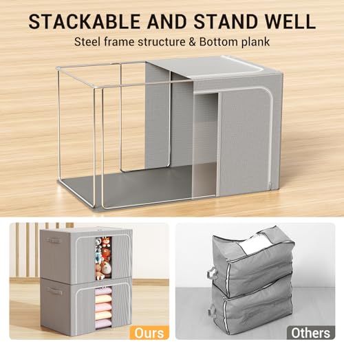 LeArex Clothes Storage Bins with Metal Frame Foldable Storage Box Clothes Organizers Storage Containers for Clothes Sheets Blankets Books Toys Gifts and Holiday Decorations (24Lx3 Pack) - Image 3