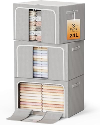 LeArex Clothes Storage Bins with Metal Frame Foldable Storage Box Clothes Organizers Storage Containers for Clothes Sheets Blankets Books Toys Gifts and Holiday Decorations (24Lx3 Pack) - Image 1