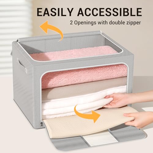 LeArex Clothes Storage Bins with Metal Frame Foldable Storage Box Clothes Organizers Storage Containers for Clothes Sheets Blankets Books Toys Gifts and Holiday Decorations (24Lx3 Pack) - Image 5