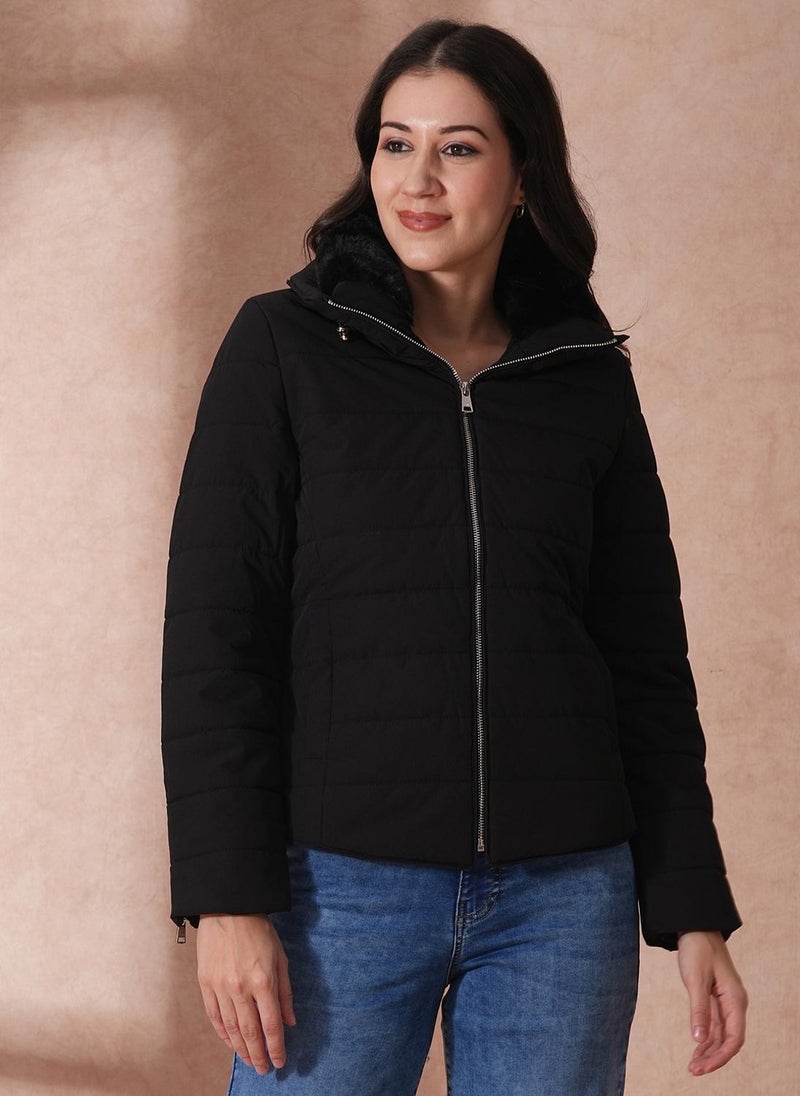 Globus Women's Black Hooded Casual Nylon Puffer Jacket with Zip Closure - Image 1