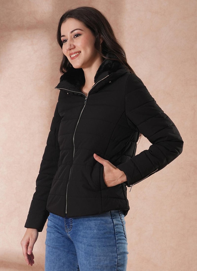 Globus Women's Black Hooded Casual Nylon Puffer Jacket with Zip Closure - Image 3
