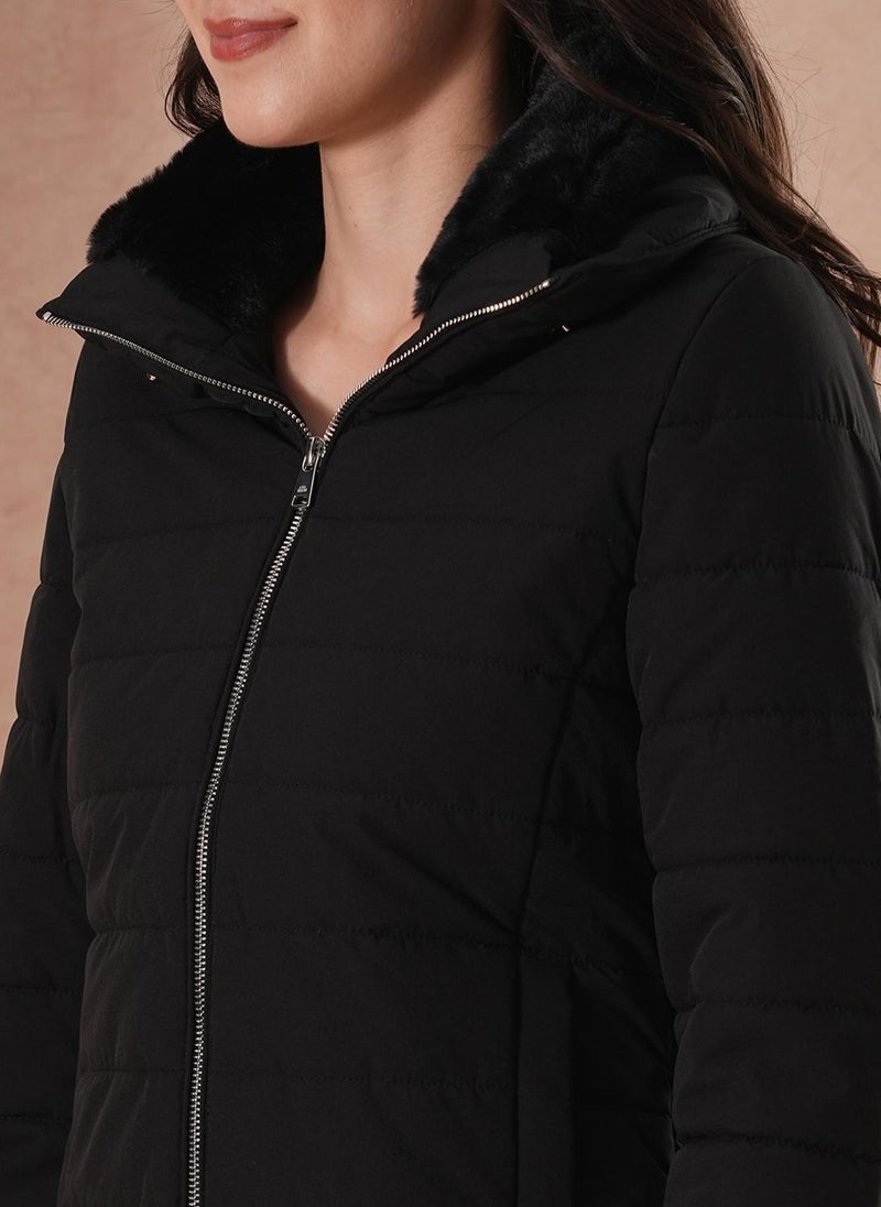 Globus Women's Black Hooded Casual Nylon Puffer Jacket with Zip Closure - Image 5