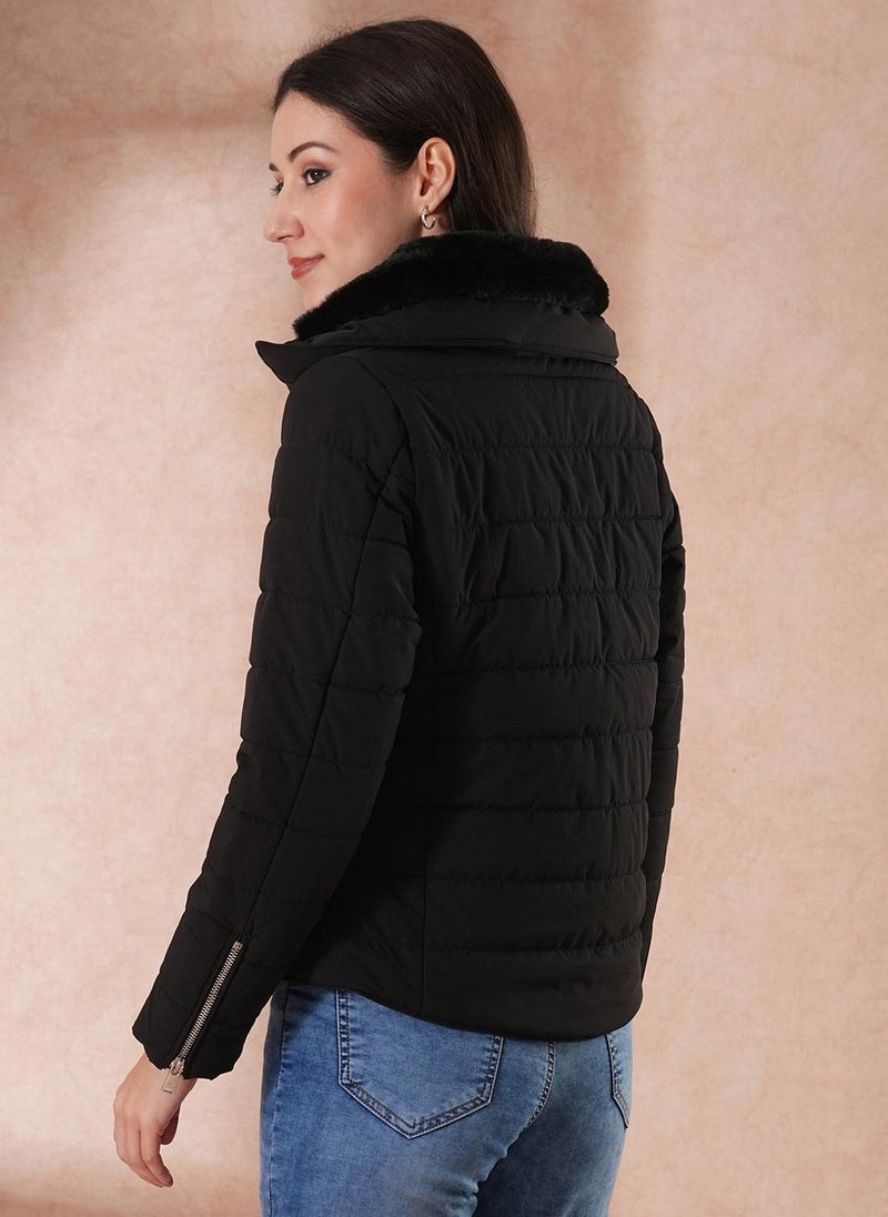 Globus Women's Black Hooded Casual Nylon Puffer Jacket with Zip Closure - Image 4