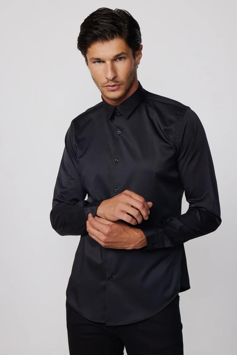 Tudors Slim Fit Lycra Plain Stretch Black Men's Shirt