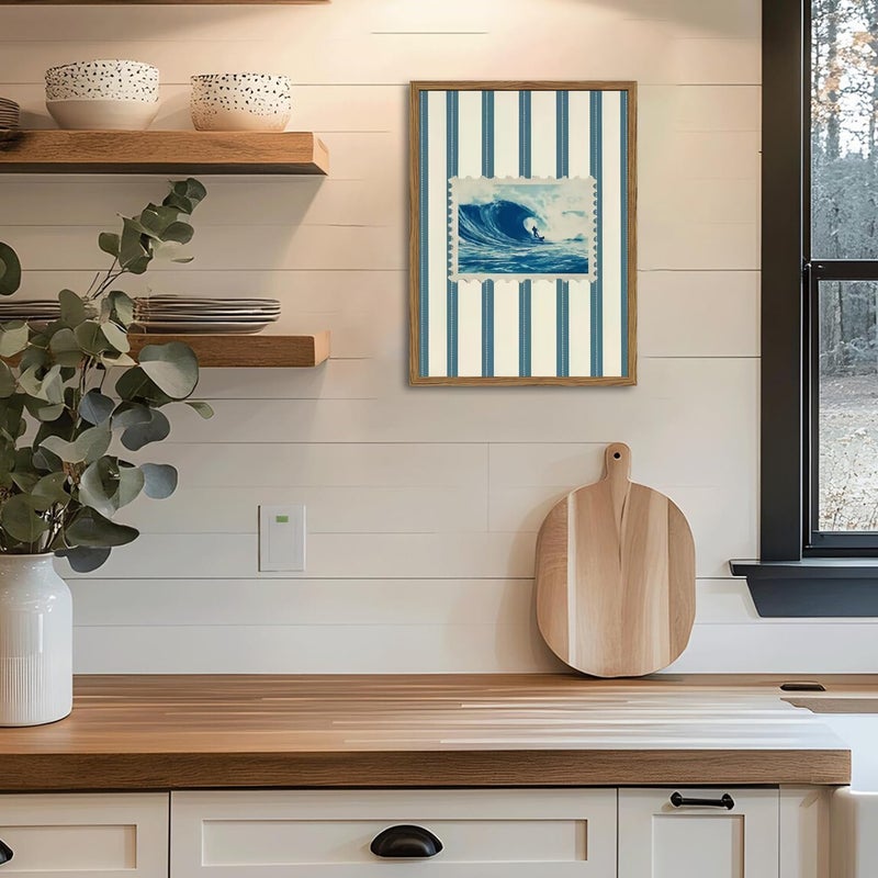 yulihaz Vintage Surf Stripe Wall Art Trendy Coastal Wall Decor Painting Blue and White Beach Surf Poster Canvas Print for Bedroom Living Room Bathroom 12x16 inch Wood Framed - Image 4