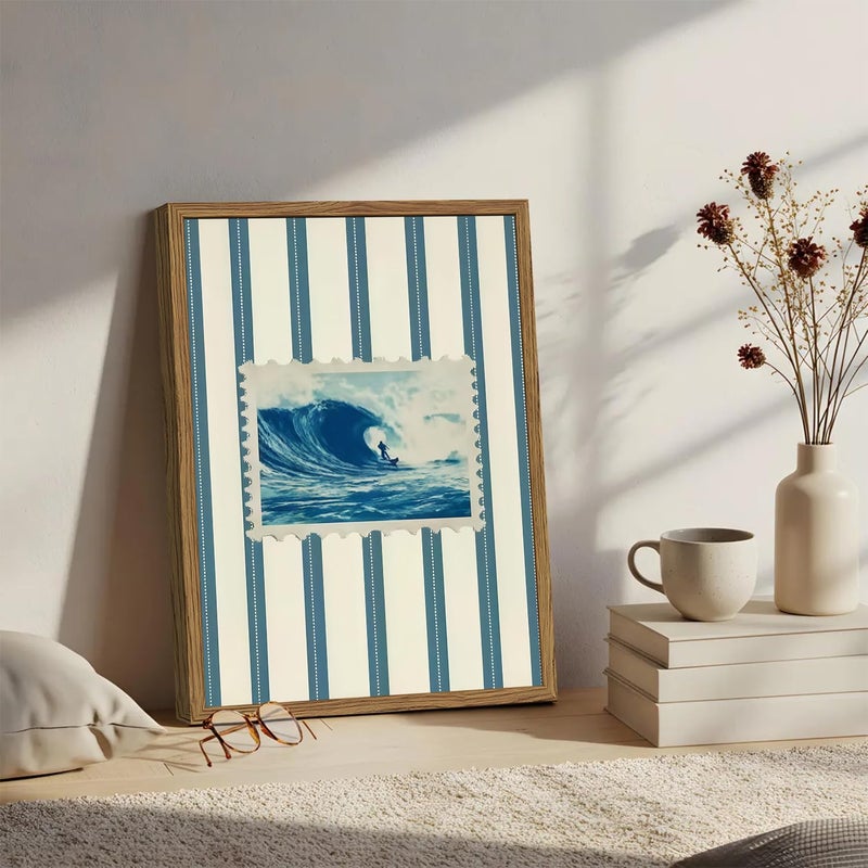 yulihaz Vintage Surf Stripe Wall Art Trendy Coastal Wall Decor Painting Blue and White Beach Surf Poster Canvas Print for Bedroom Living Room Bathroom 12x16 inch Wood Framed - Image 2