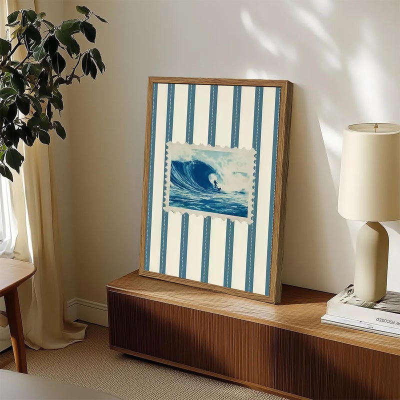 yulihaz Vintage Surf Stripe Wall Art Trendy Coastal Wall Decor Painting Blue and White Beach Surf Poster Canvas Print for Bedroom Living Room Bathroom 12x16 inch Wood Framed - Image 5