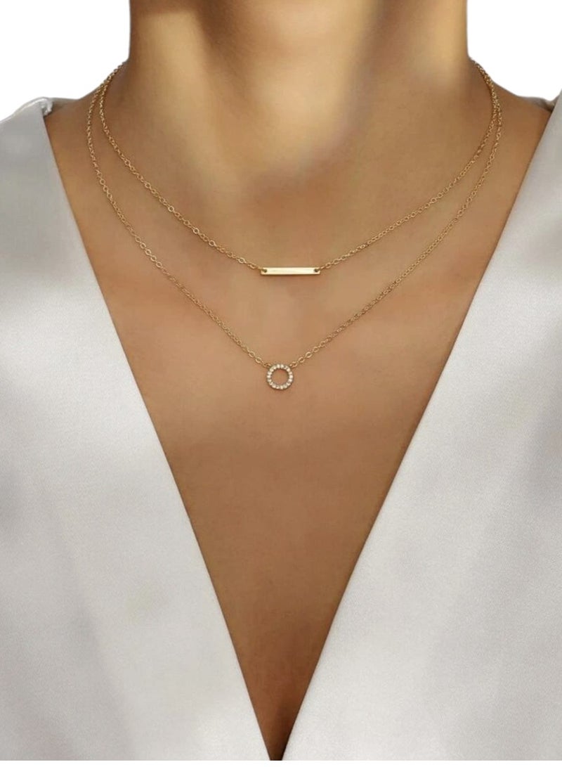 YUCCA Double Layer Rhinestone Geometric Pendant Necklace, Stainless Steel - Image 1