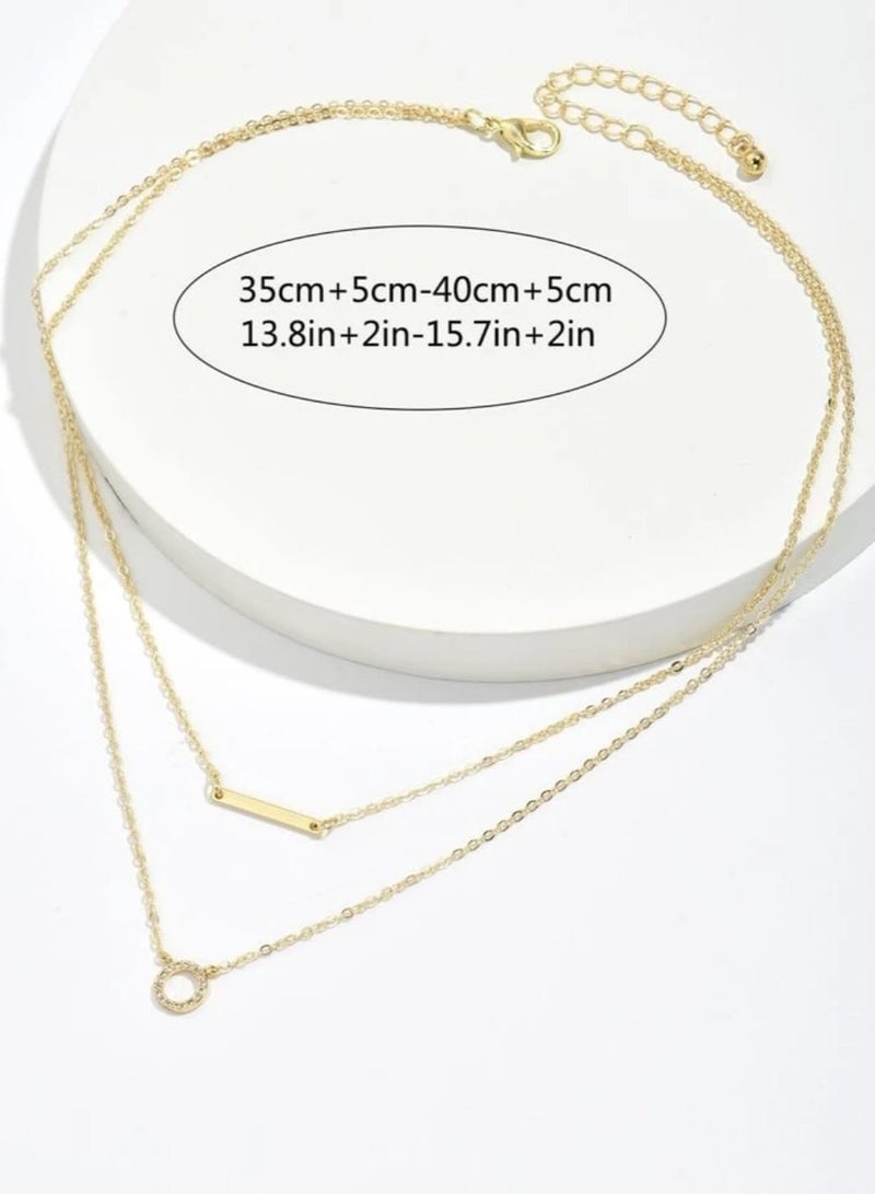 YUCCA Double Layer Rhinestone Geometric Pendant Necklace, Stainless Steel - Image 2