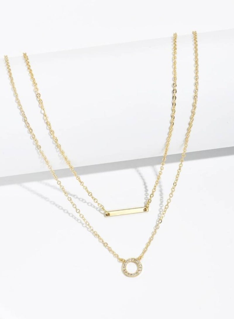 YUCCA Double Layer Rhinestone Geometric Pendant Necklace, Stainless Steel - Image 3