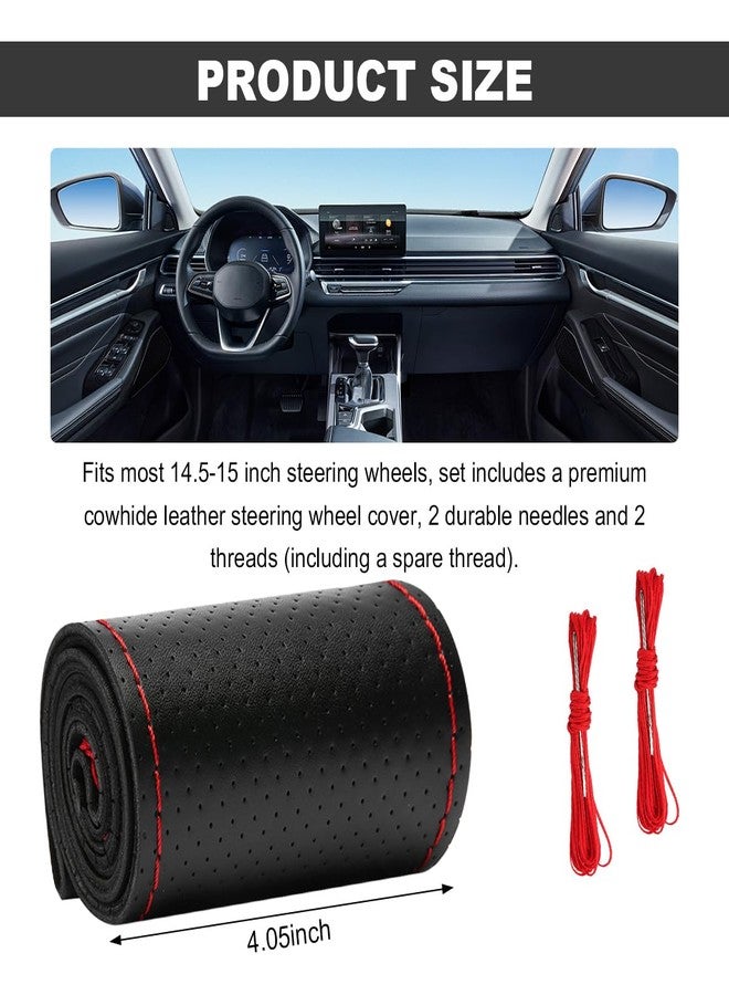 Wevdn Genuine Leather Steering Wheel Cover, Stitch on Wrap, DIY Sewing Steering Wheel Protector, 15 Inch Breathable Non-Slip Steering Wheel Protector, Car Accessories (Black&Red, Full Hole) - Image 2