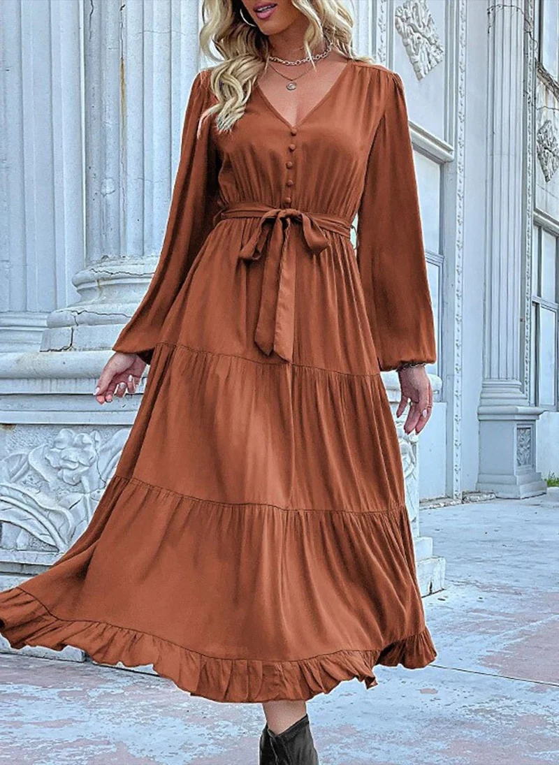 يونيكي Brown Solid Dress