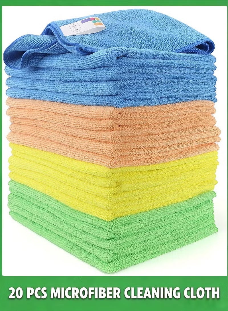 SIXPENNY Microfiber Cleaning Cloths (Pack of 20) -30 x 30 cm Cleaning Rags Kitchen Towel Dish, Car Wash, Windows, Bathroom, Absorbent Reusable, All Purpose - Blue, Green, Orange, Yellow, Kitchen Towel - Image 1