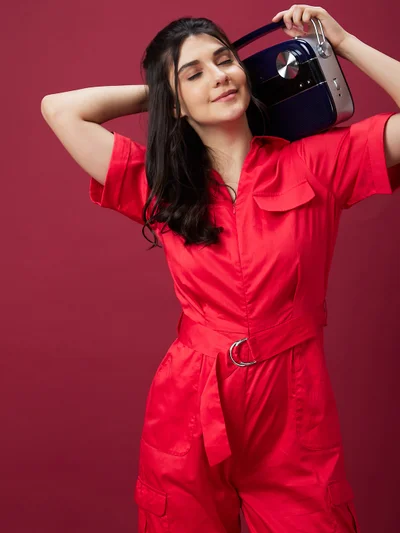 globus Women Red Waist Tie-Ups Pure Cotton Basic Jumpsuit