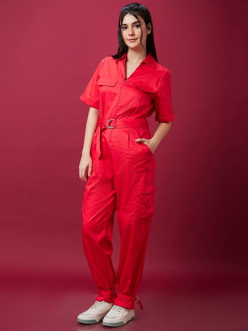 globus Globus Women Red Waist Tie-Ups Pure Cotton Basic Jumpsuit - Image 3