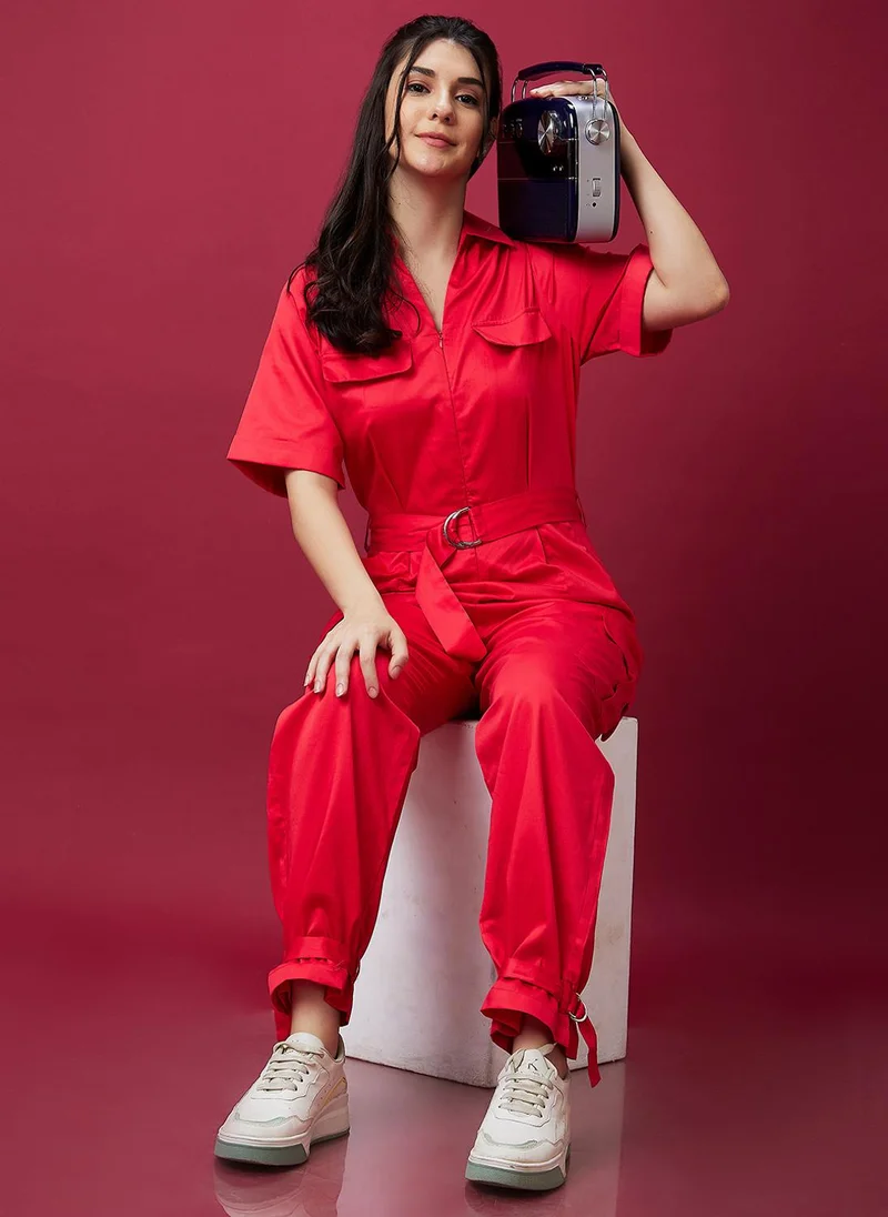 globus Globus Women Red Waist Tie-Ups Pure Cotton Basic Jumpsuit