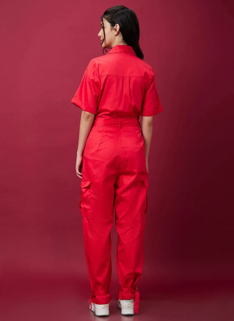 globus Globus Women Red Waist Tie-Ups Pure Cotton Basic Jumpsuit