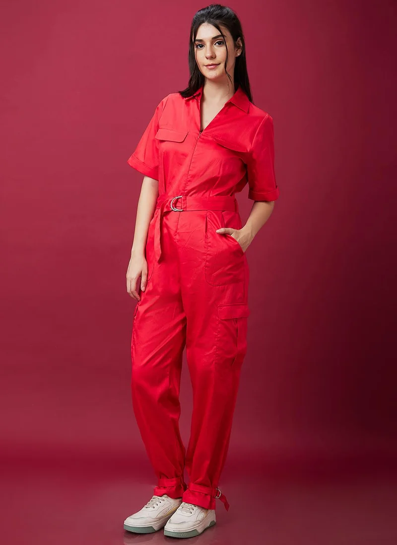 globus Globus Women Red Waist Tie-Ups Pure Cotton Basic Jumpsuit