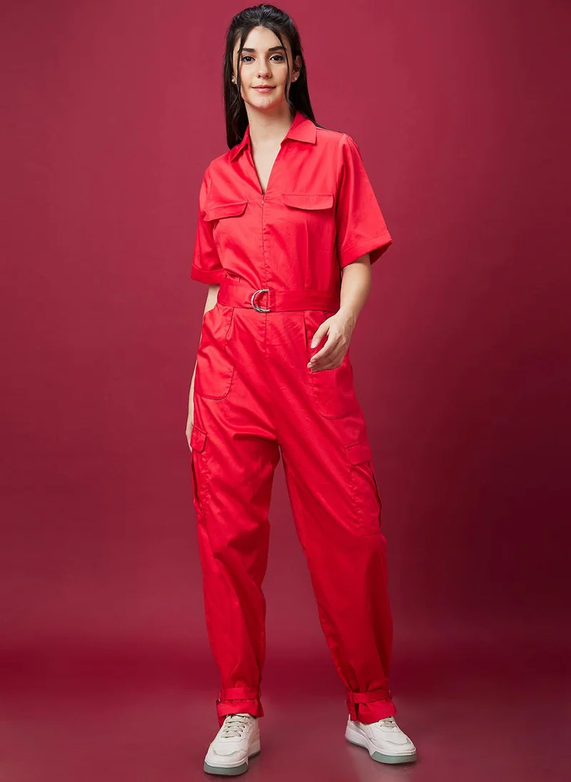 globus Globus Women Red Waist Tie-Ups Pure Cotton Basic Jumpsuit