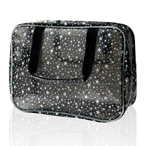 TotePrint Black Holographic Star Cosmetic Bag for Women 118x51x82 Inches Portable Travel Toiletry Bag with HandlesDurable PVC MaterialZipper DesignIdeal Large Clear Makeup Organizer - Image 1