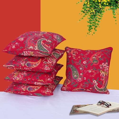 Swayam Set of 5 Floral Print Cotton Red Cushion Cover | 16 x 16 Inch | Soft Breathable Fabric with Hidden Zipper | Decorative & Stylish Cushion Covers for Sofa, Living Room, Bedroom & Couch - Image 1