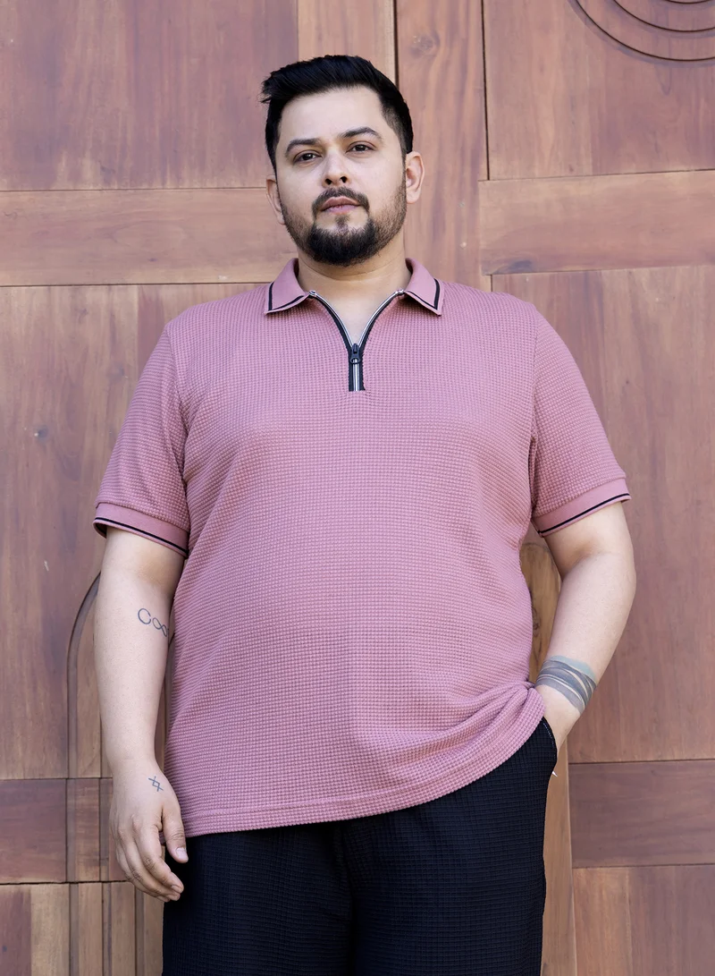 Instafab Plus Instafab Plus Men's Salmon Pink Micro-Waffle Polo T-Shirt For Casual Wear | Polo Neck | Short Cuffed Sleeves | Half-Zip Closure | Plus Size T-Shirt Crafted With Comfort Fit For Everyday Wear