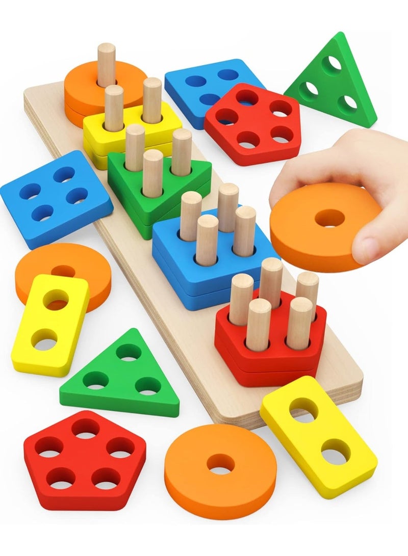 Silkja pentagonal column Montessori Wooden Sorting & Stacking Toy for Toddlers, Shape Sorter & Color Recognition Learning Puzzle, Educational Sensory Toy for Fine Motor Skills, Preschool Learning Gift for Kids 1-3+ Years Stacking Blocks Birthday Gift for Boys & Girls - Image 1