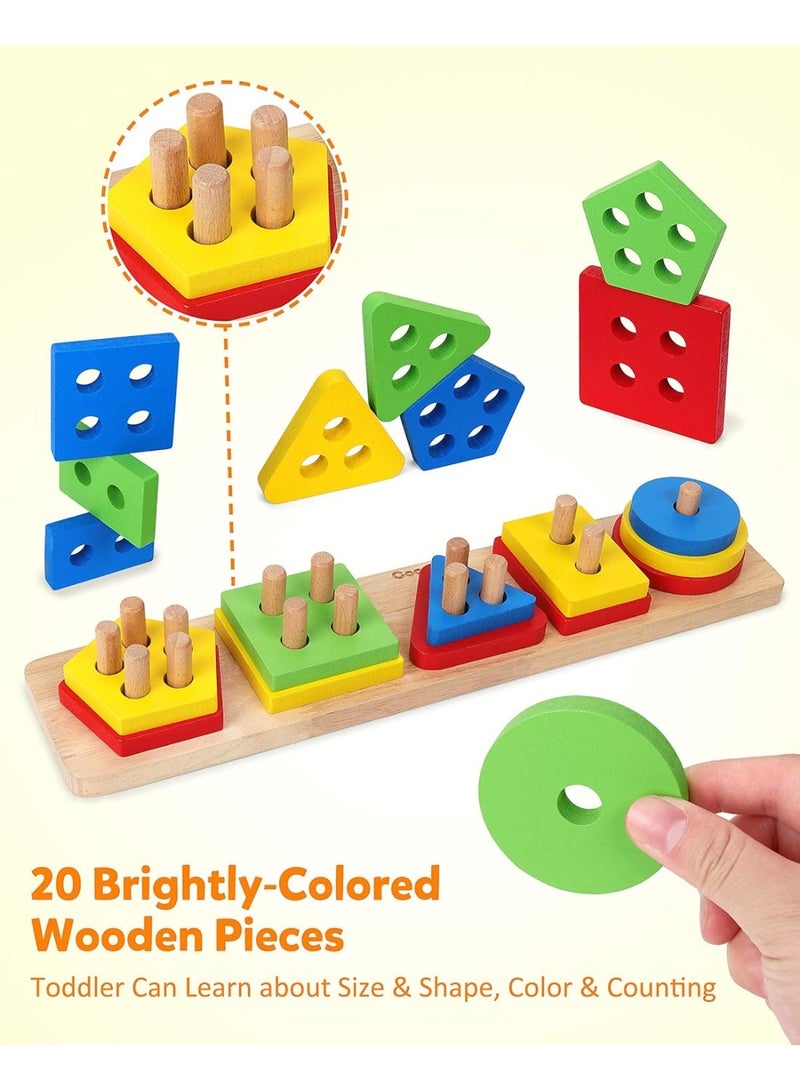Silkja pentagonal column Montessori Wooden Sorting & Stacking Toy for Toddlers, Shape Sorter & Color Recognition Learning Puzzle, Educational Sensory Toy for Fine Motor Skills, Preschool Learning Gift for Kids 1-3+ Years Stacking Blocks Birthday Gift for Boys & Girls - Image 5