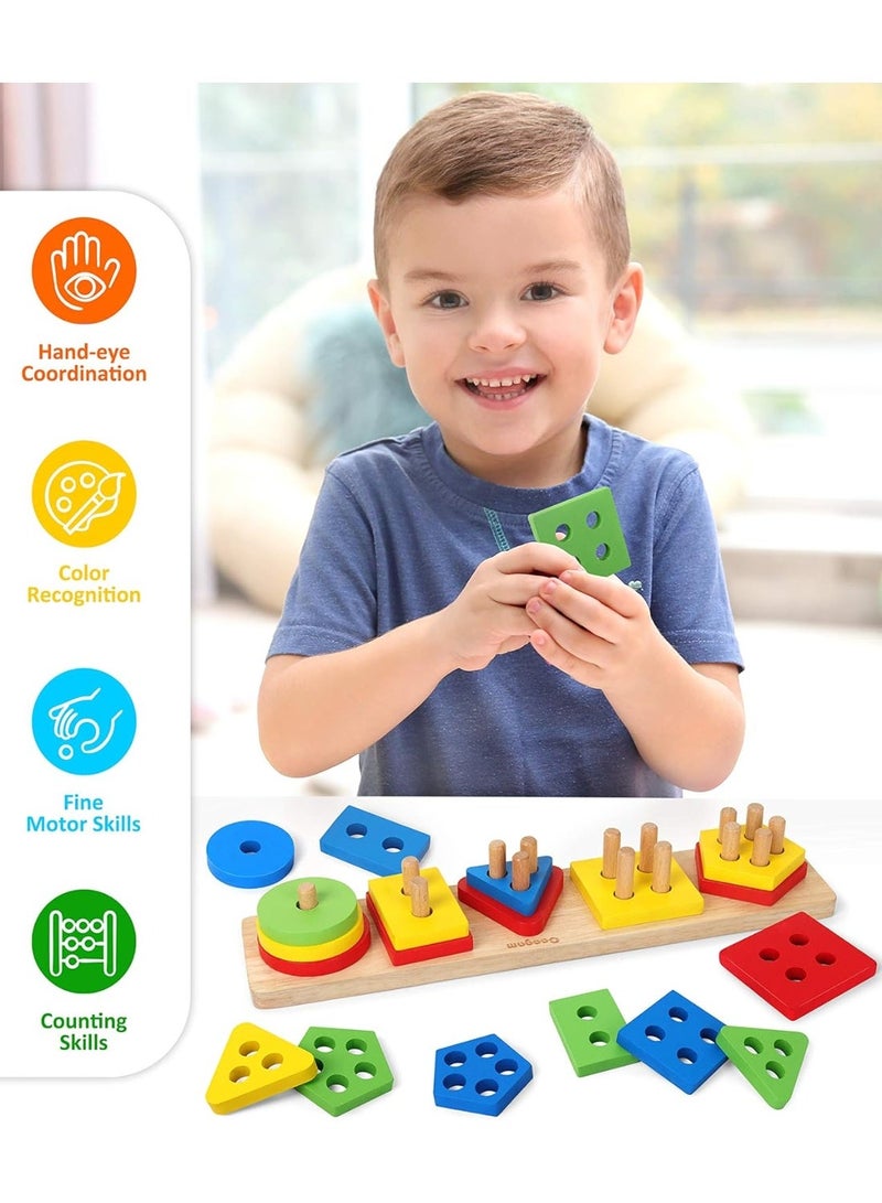 Silkja pentagonal column Montessori Wooden Sorting & Stacking Toy for Toddlers, Shape Sorter & Color Recognition Learning Puzzle, Educational Sensory Toy for Fine Motor Skills, Preschool Learning Gift for Kids 1-3+ Years Stacking Blocks Birthday Gift for Boys & Girls - Image 3