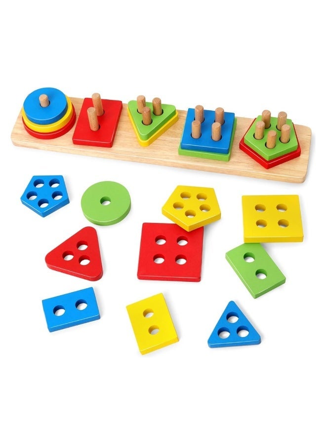 Silkja pentagonal column Montessori Wooden Sorting & Stacking Toy for Toddlers, Shape Sorter & Color Recognition Learning Puzzle, Educational Sensory Toy for Fine Motor Skills, Preschool Learning Gift for Kids 1-3+ Years Stacking Blocks Birthday Gift for Boys & Girls - Image 2
