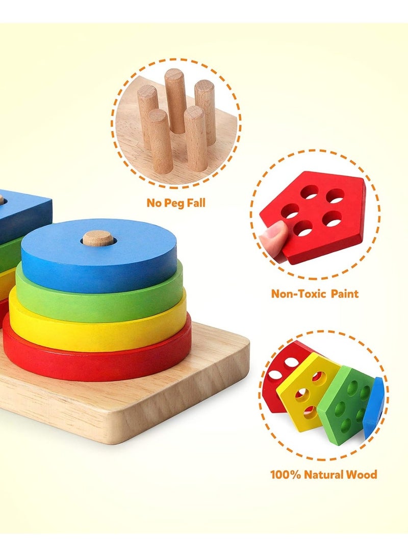 Silkja pentagonal column Montessori Wooden Sorting & Stacking Toy for Toddlers, Shape Sorter & Color Recognition Learning Puzzle, Educational Sensory Toy for Fine Motor Skills, Preschool Learning Gift for Kids 1-3+ Years Stacking Blocks Birthday Gift for Boys & Girls - Image 4