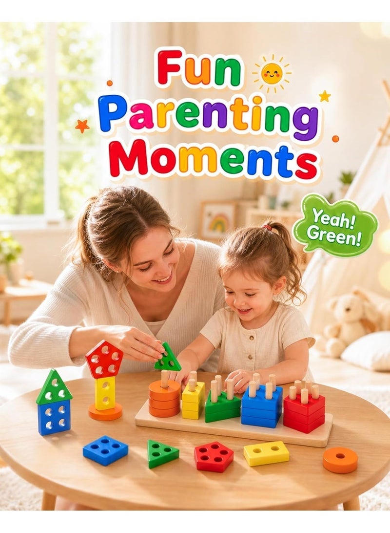 Silkja pentagonal column Montessori Wooden Sorting & Stacking Toy for Toddlers, Shape Sorter & Color Recognition Learning Puzzle, Educational Sensory Toy for Fine Motor Skills, Preschool Learning Gift for Kids 1-3+ Years Stacking Blocks Birthday Gift for Boys & Girls - Image 4