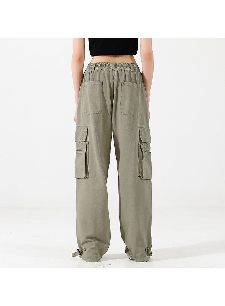 Loquat Men/Women Pure Cotton Straight Tube Multi Pocket Long Pants Hip-Hop Overalls Khaki  - Image 2