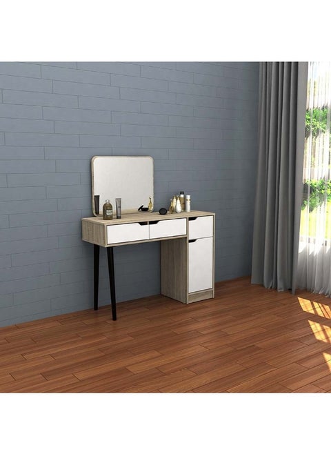 Kinder Vanity 1 Door 3 Drawers Dresser With Mirror Makeup Dressing Table With Mirror And Drawers For Small Bedroom Studio Minimalist - White & Sonoma Oak