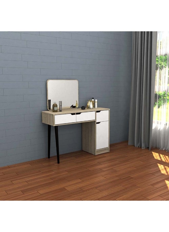 DANUBE HOME - Kinder Vanity 1 Door 3 Drawers Dresser With Mirror Makeup Dressing Table With Mirror And Drawers For Small Bedroom Studio Minimalist - White & Sonoma Oak - Image 1
