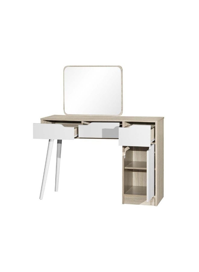 DANUBE HOME - Kinder Vanity 1 Door 3 Drawers Dresser With Mirror Makeup Dressing Table With Mirror And Drawers For Small Bedroom Studio Minimalist - White & Sonoma Oak - Image 1