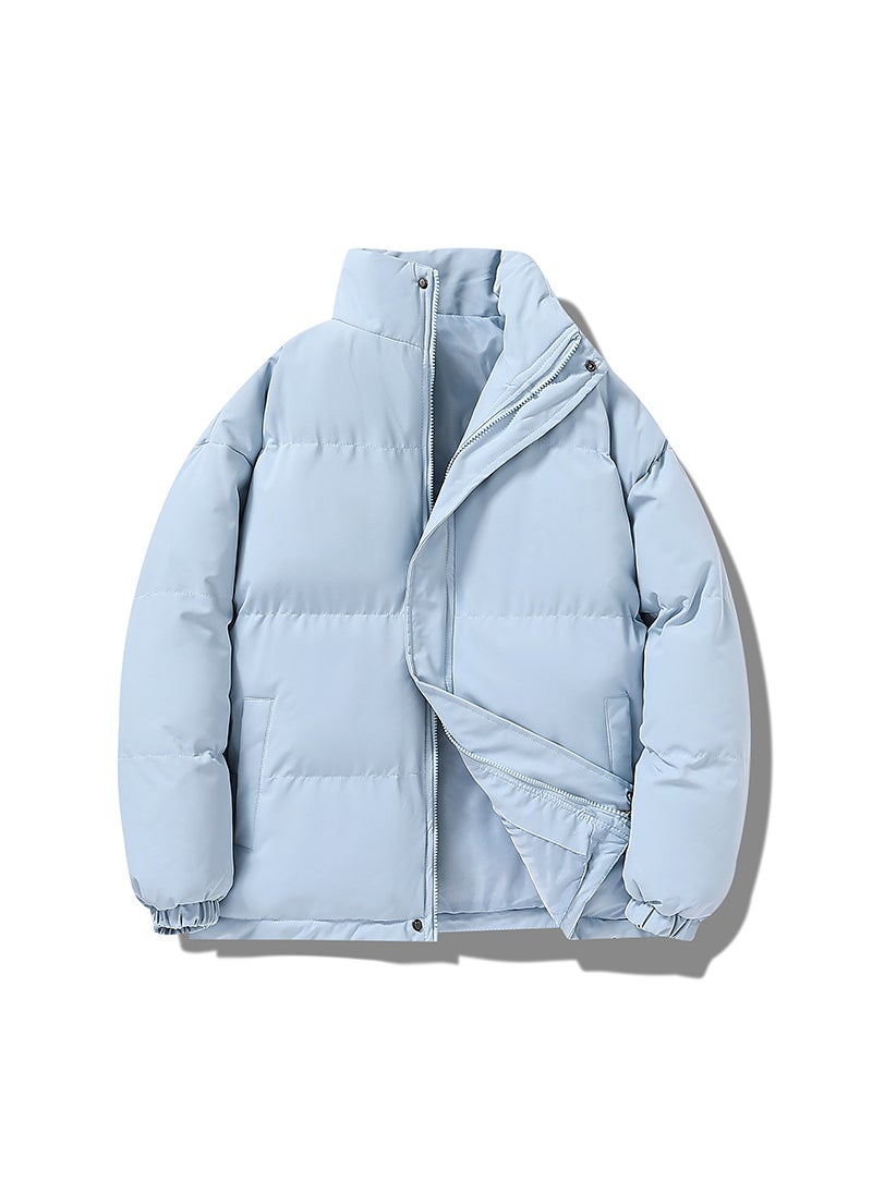 Generic Winter Casual Stand Collar Trendy Cotton Padded Coat Men Loose Fit Solid Color Cotton Coat Couple Jacket Thickened Warm Puffer J Light blue  - Image 1