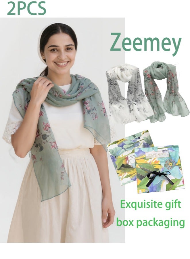 Zeemey Fresh floral print silk scarf two-piece set, including light green background with pink flowers and beige background with pink flowers, the pattern is fresh and elegant, the fabric is light and breathable, suitable for a variety of wearing scenes 160*50cm - Image 1