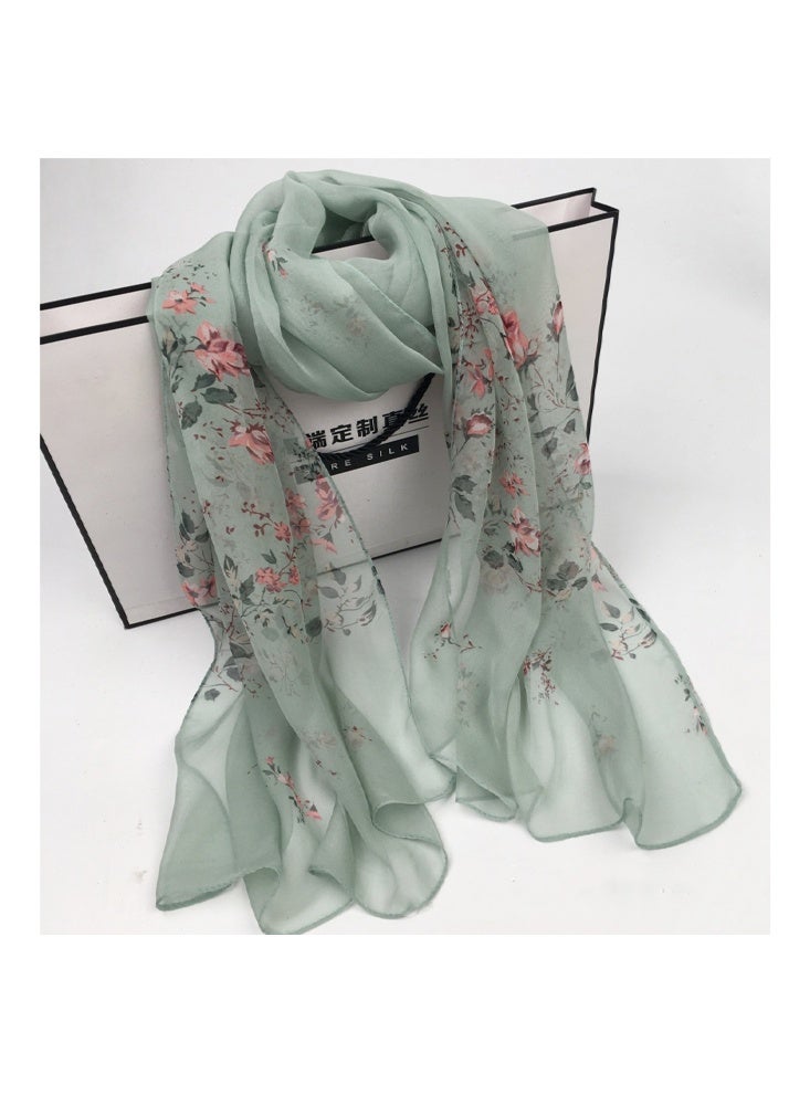 Zeemey Fresh floral print silk scarf two-piece set, including light green background with pink flowers and beige background with pink flowers, the pattern is fresh and elegant, the fabric is light and breathable, suitable for a variety of wearing scenes 160*50cm - Image 2