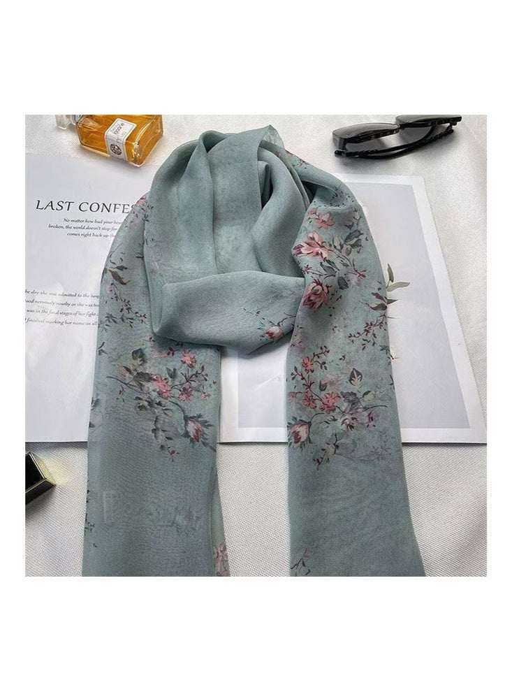 Zeemey Fresh floral print silk scarf two-piece set, including light green background with pink flowers and beige background with pink flowers, the pattern is fresh and elegant, the fabric is light and breathable, suitable for a variety of wearing scenes 160*50cm - Image 4