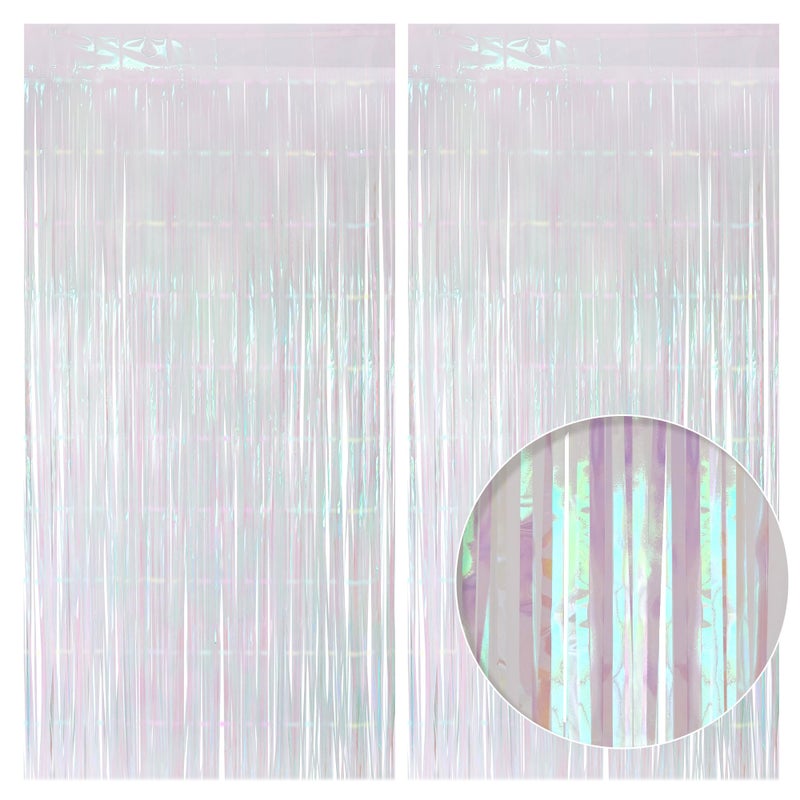 Just Shimmer 2 Pack White Iridescent Streamers Backdrop, 3.3x6.6ft Foil Fringe Curtains Silver Holographic Door Tinsel Streamers for Birthday, Wedding, Holiday, Bachelorette, Theme Party Decorations - Image 1