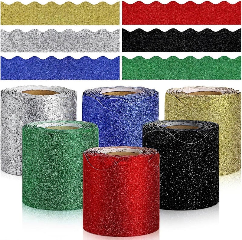 6 Rolls of Glitter Scalloped Bulletin Board Borders, 196.8 Ft Self-Adhesive Waterproof Decorative Tape - Image 1