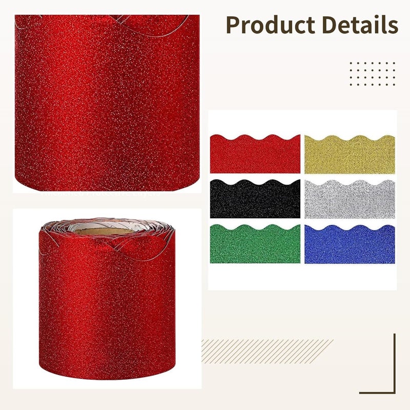 6 Rolls of Glitter Scalloped Bulletin Board Borders, 196.8 Ft Self-Adhesive Waterproof Decorative Tape - Image 4